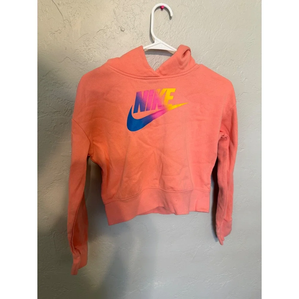 Nike Girls Sportswear Cropped Hoodie Coral Pink Gradient Logo XL Kids Pullover
